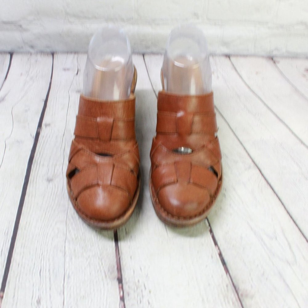 Born Brown Leather Slip On Woven Clogs Casual Heeled Mules Size 7 Medium - Picture 5 of 9